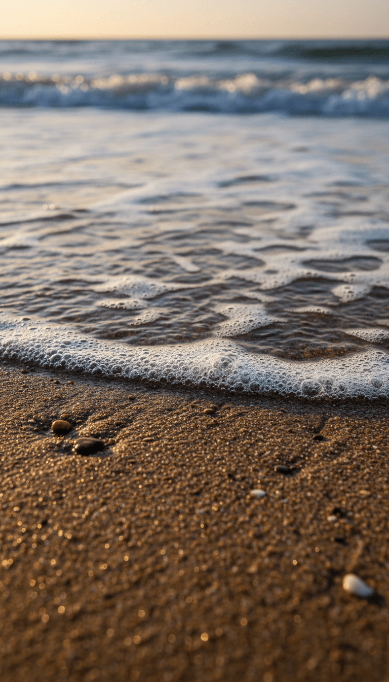 Close-up detail of sand and shallow water at the beach shoreline