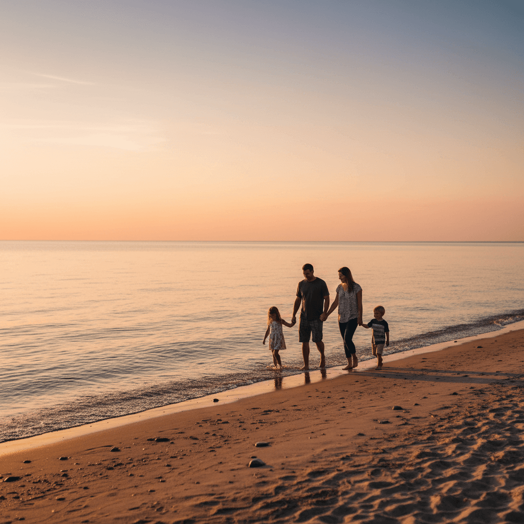 Family walking along Lake Huron beach at sunset
