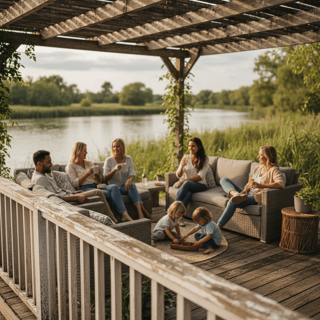 Expansive outdoor deck with multiple seating areas overlooking the river