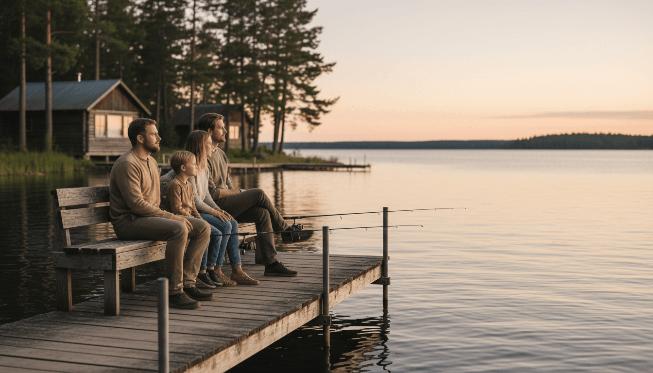 Family relaxing together on a private dock at sunset along the Ausable River