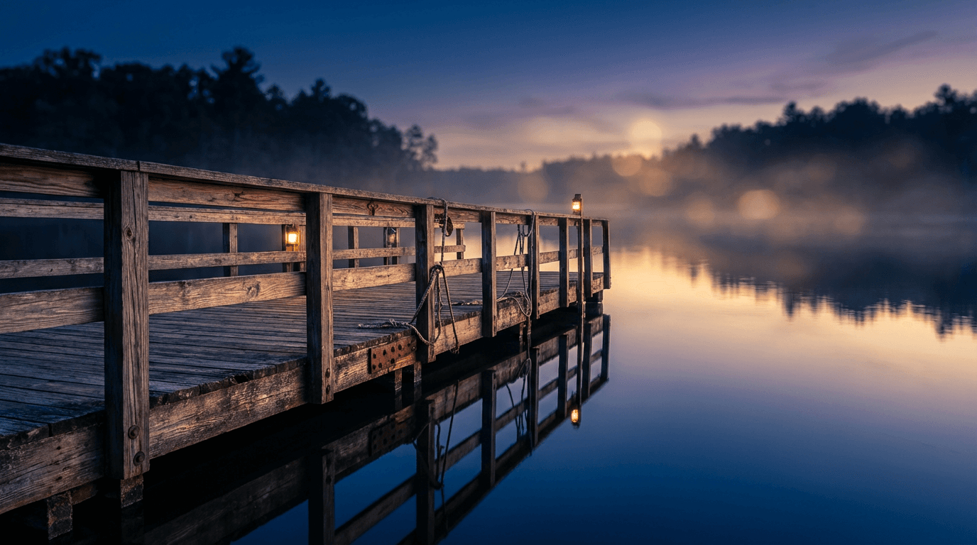 Private dock with sunset view over water