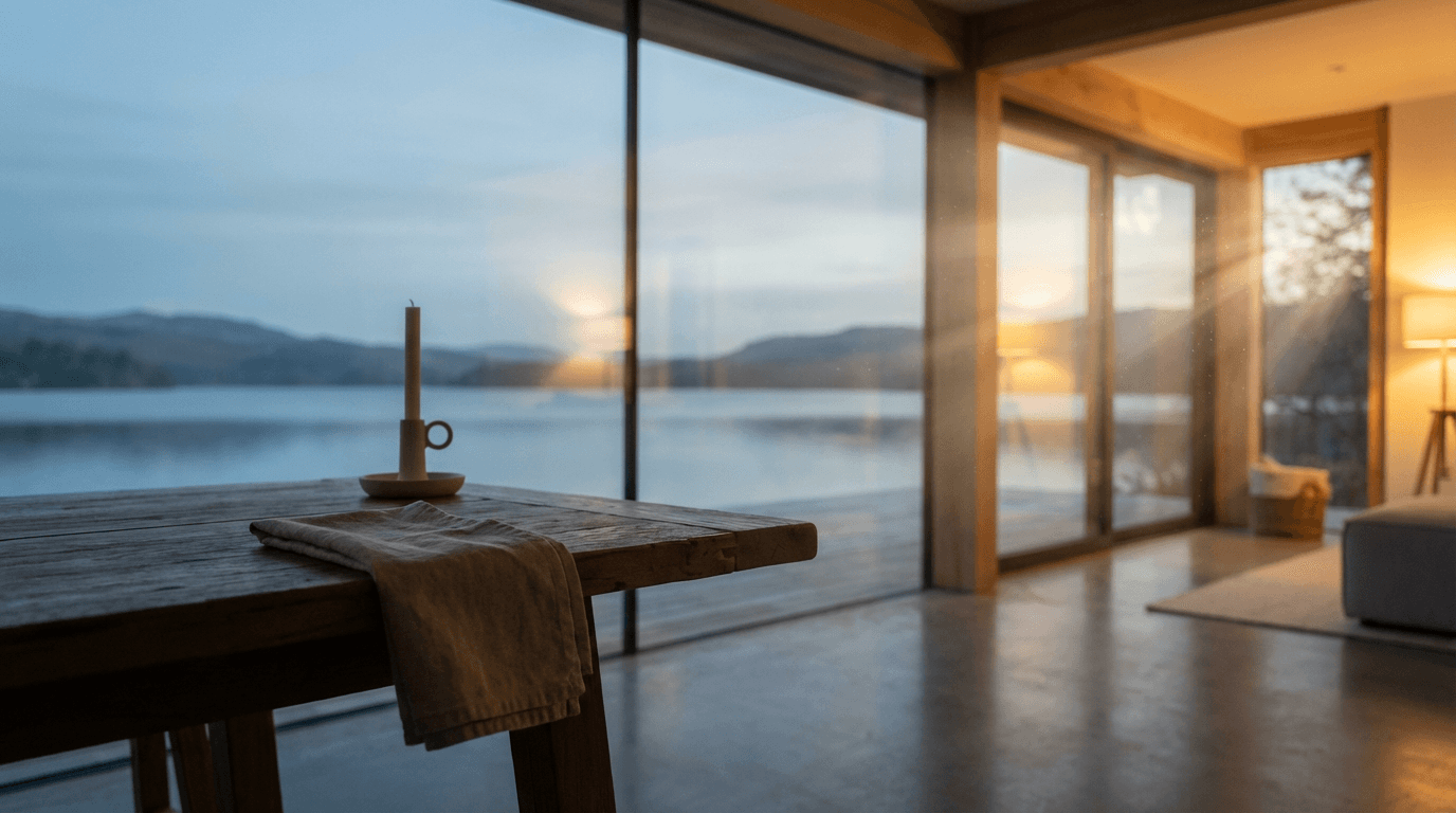 Modern kitchen and dining area with river views