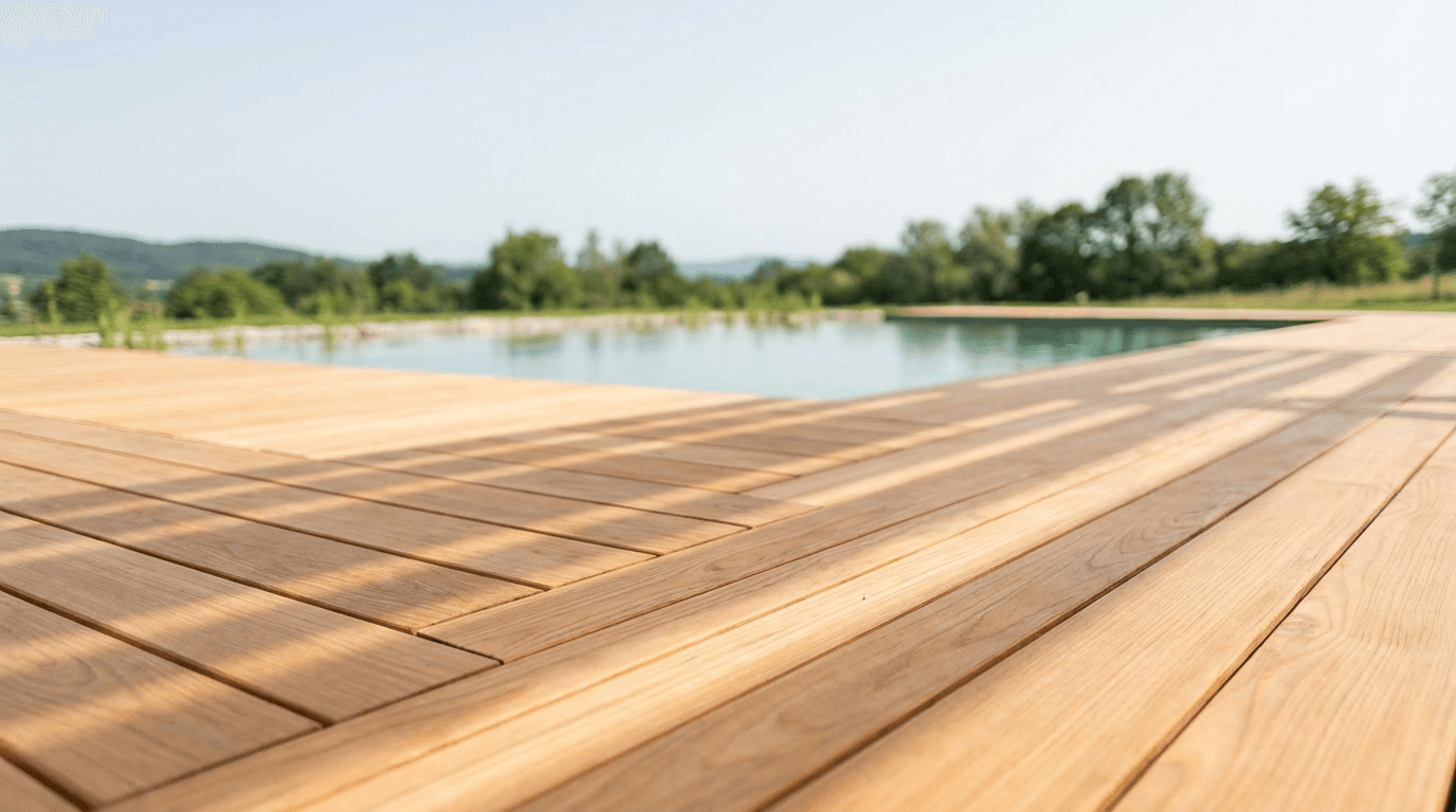Outdoor deck with seating overlooking the river